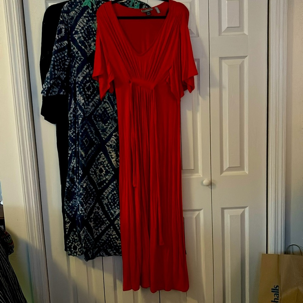 Long, bright red maternity dress with tie back